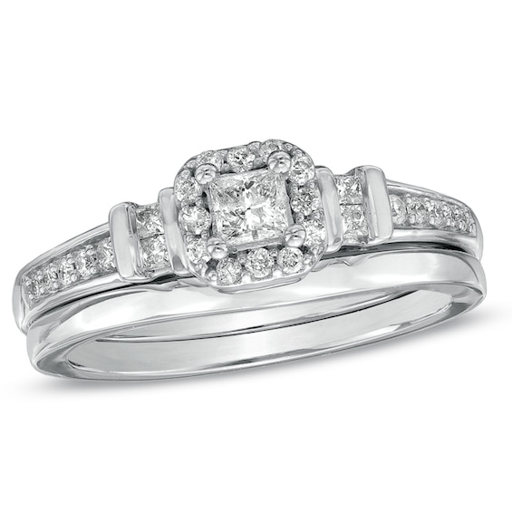 Previously Owned - 3/8 CT. T.w. Princess-Cut Diamond Frame Bridal Set in 10K White Gold