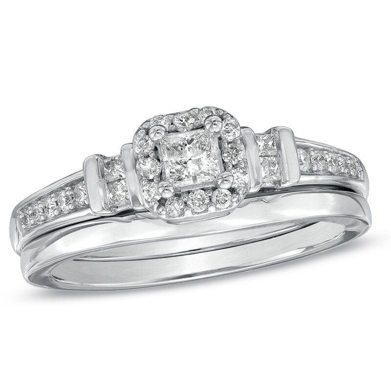Main Image 1 of Previously Owned - 3/8 CT. T.W. Princess-Cut Diamond Frame Bridal Set in 10K White Gold
