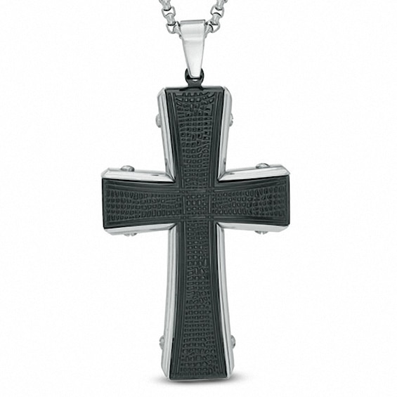 Previously Owned - Men's Textured Cross Pendant in Two-Tone Stainless Steel - 36"