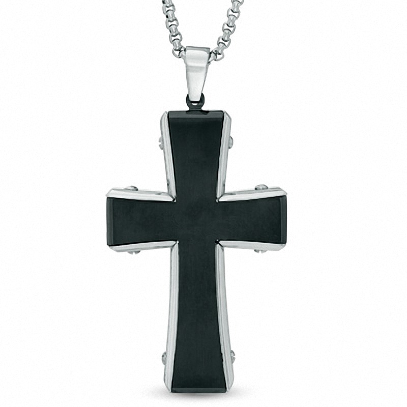 Main Image 2 of Previously Owned - Men's Textured Cross Pendant in Two-Tone Stainless Steel - 36"