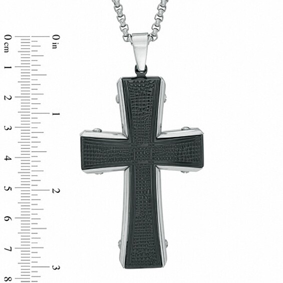 Previously Owned - Men's Textured Cross Pendant in Two-Tone Stainless Steel - 36"