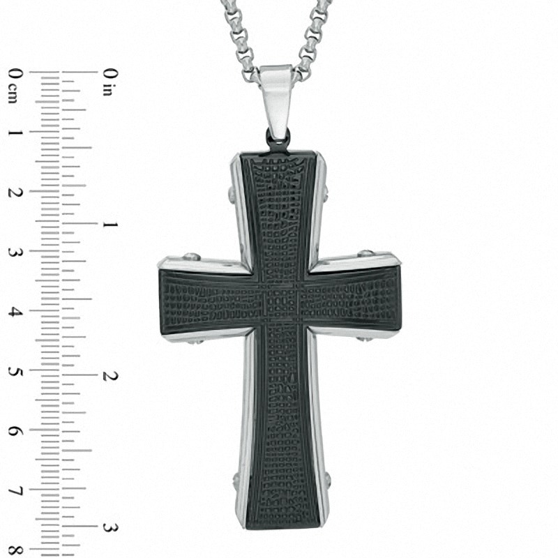 Main Image 3 of Previously Owned - Men's Textured Cross Pendant in Two-Tone Stainless Steel - 36"