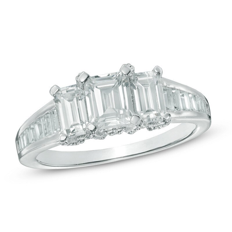 Main Image 1 of Previously Owned - 1-1/2 CT. T.W. Emerald-Cut Diamond Past Present Future® Ring in 14K White Gold (I/I1)