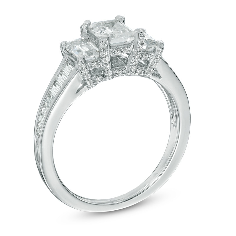 Main Image 2 of Previously Owned - 1-1/2 CT. T.W. Emerald-Cut Diamond Past Present Future® Ring in 14K White Gold (I/I1)