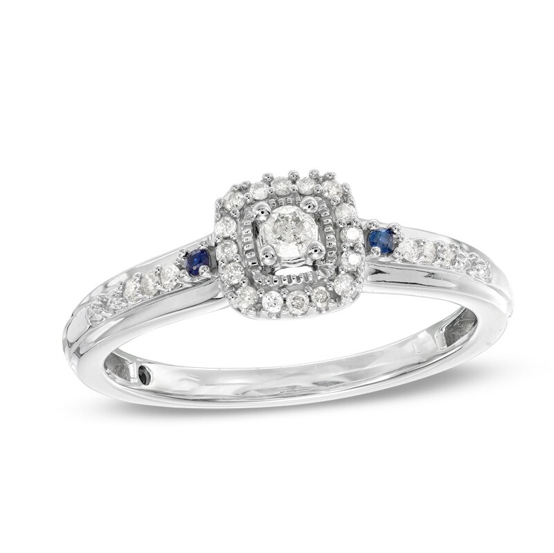Main Image 1 of Previously Owned - Cherished Promise Collection™ 1/8 CT. T.W. Diamond and Blue Sapphire Promise Ring in 10K White Gold