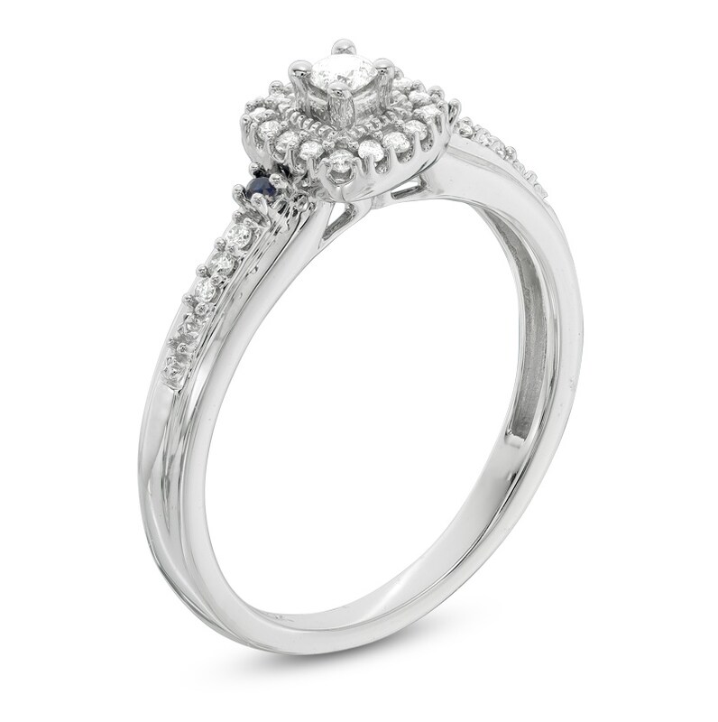 Main Image 2 of Previously Owned - Cherished Promise Collection™ 1/8 CT. T.W. Diamond and Blue Sapphire Promise Ring in 10K White Gold