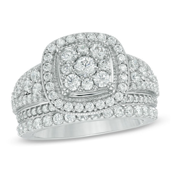 Previously Owned - 1-3/4 CT. T.W. Diamond Frame Cluster Bridal Set in 14K White Gold Previously Owned - 1-3/4 CT. T.W. Diamond Frame Cluster Bridal Set in 14K White Gold