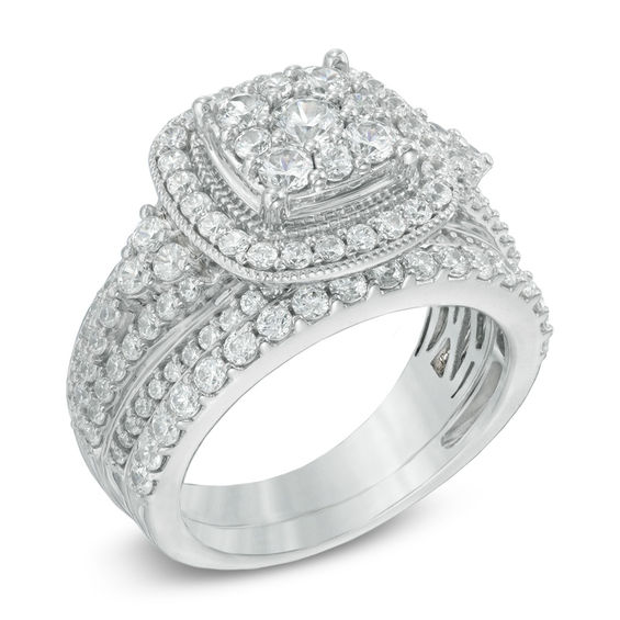 Previously Owned Previously Owned - 1-3/4 CT. T.W. Diamond Frame Cluster Bridal Set in 14K White Gold