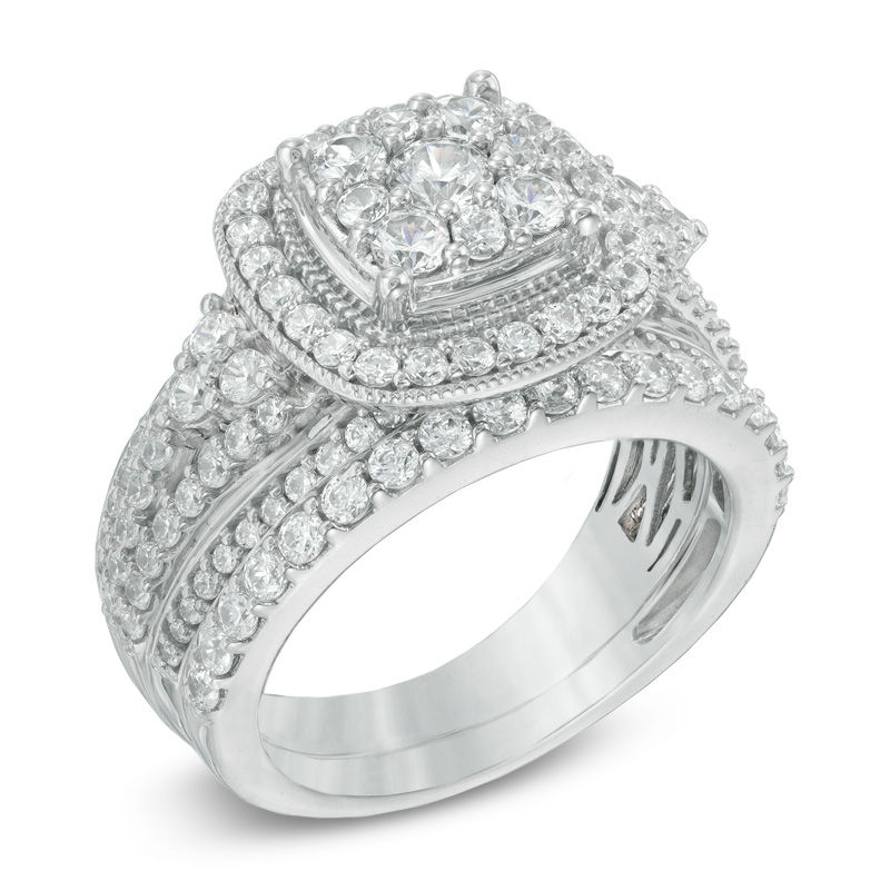 Main Image 2 of Previously Owned - 1-3/4 CT. T.W. Diamond Frame Cluster Bridal Set in 14K White Gold
