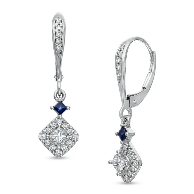 Main Image 1 of Previously Owned -  Vera Wang Love Collection 1/2 CT. T.W. Diamond and Blue Sapphire Drop Earrings in 14K White Gold