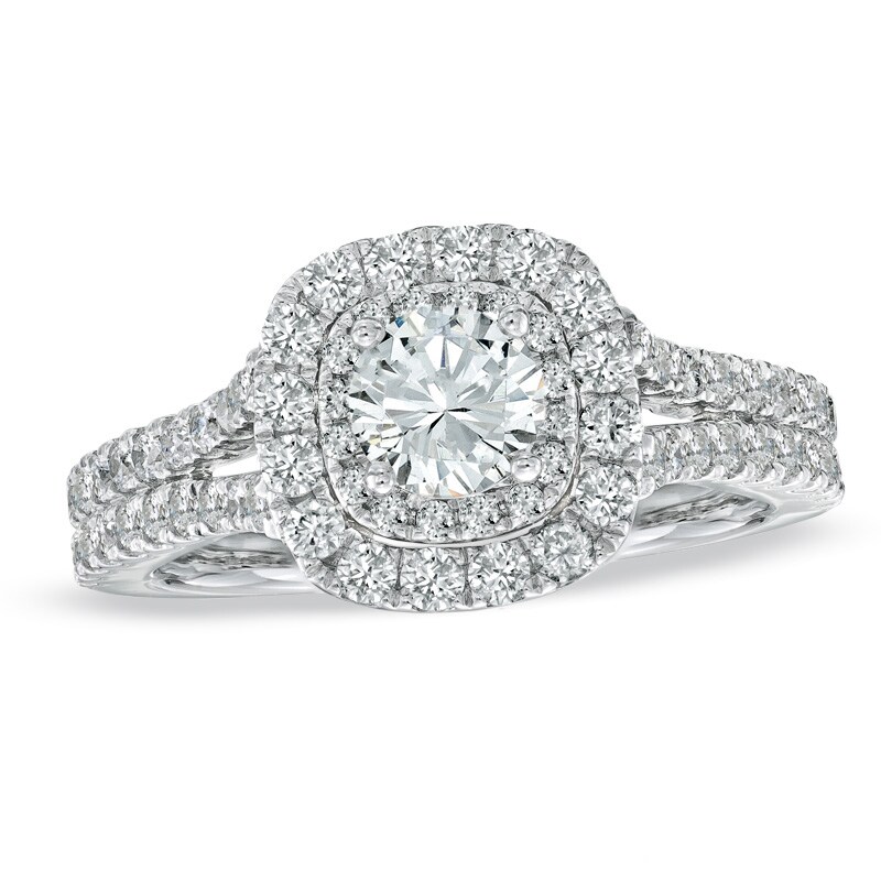 Main Image 1 of Previously Owned - Vera Wang Love Collection 1-1/2 CT. T.W. Diamond Frame Split Shank Engagement Ring in 14K White Gold