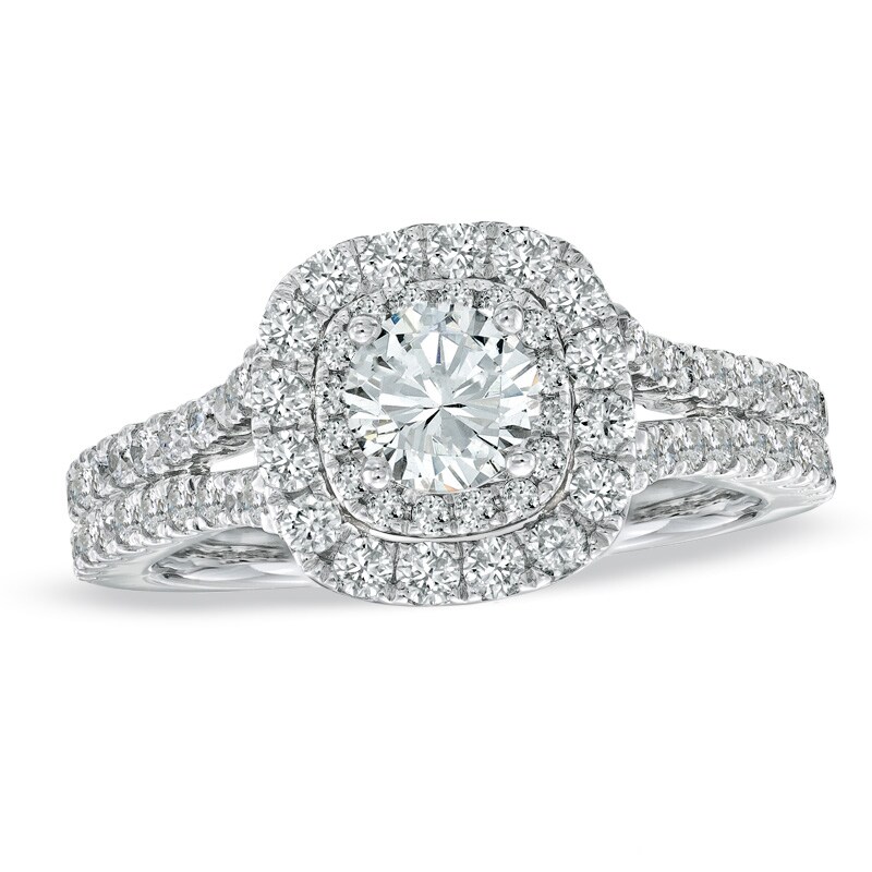 Previously Owned - Vera Wang Love Collection 1-1/2 CT. T.W. Diamond Frame Split Shank Engagement Ring in 14K White Gold