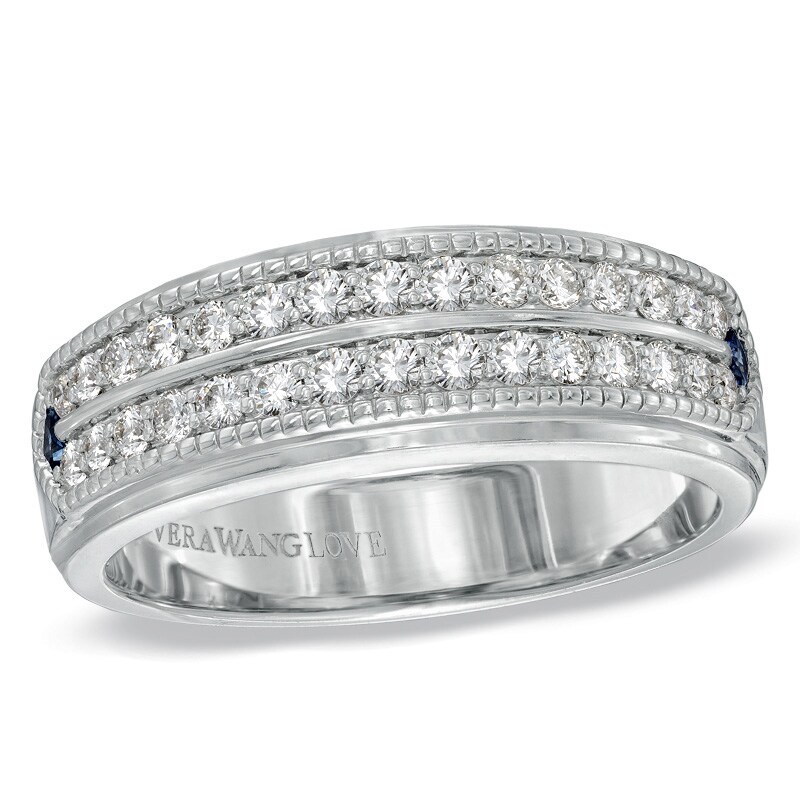 Main Image 1 of Previously Owned - Vera Wang Men's 5/8 CT. T.W. Diamond Double Row Wedding Band in 14K White Gold