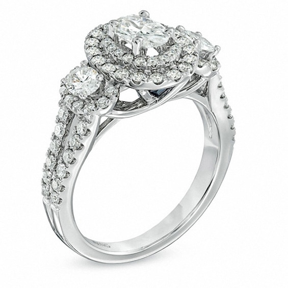 Previously Owned - Vera Wang Love Collection 1-1/2 CT. T.w. Oval Diamond Three Stone Engagement Ring in 14K White Gold