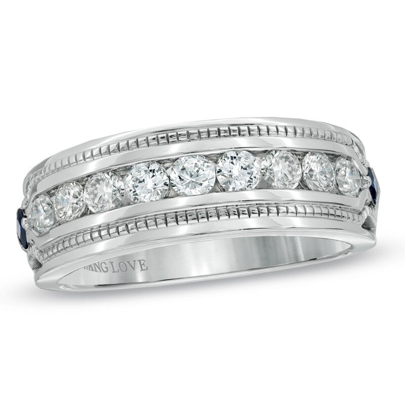 Main Image 1 of Previously Owned - Vera Wang Men's 1 CT. T.W. Diamond and Sapphire Wedding Band in 14K White Gold