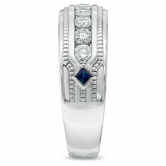 Previously Owned - Vera Wang Men's 1 CT. T.w. Diamond and Sapphire Wedding Band in 14K White Gold