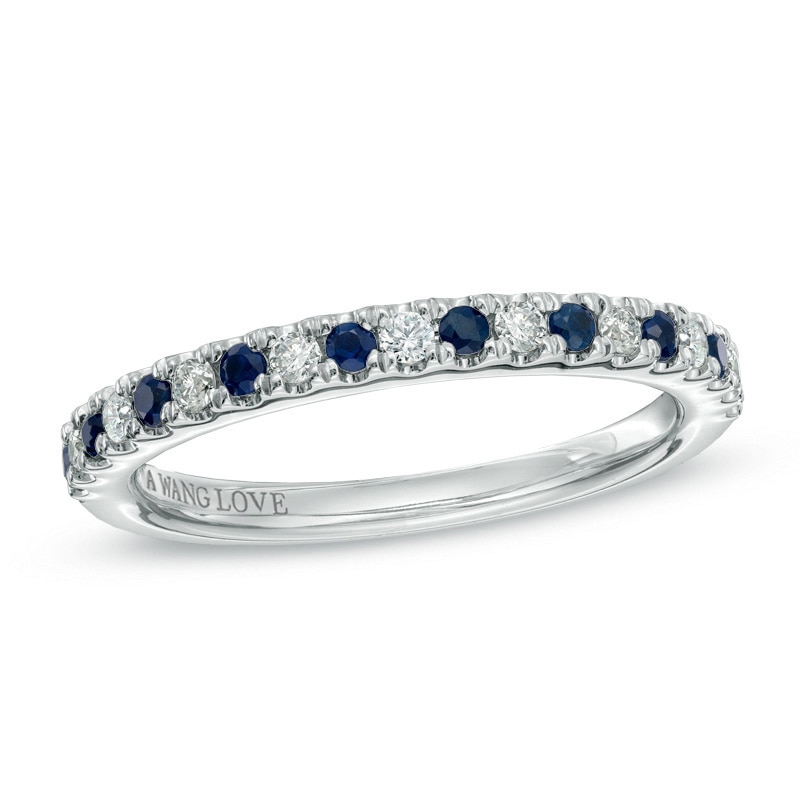 Previously Owned - Vera Wang Love Collection 1/8 CT. T.W. Diamond and Blue Sapphire Wedding Band in 14K White Gold