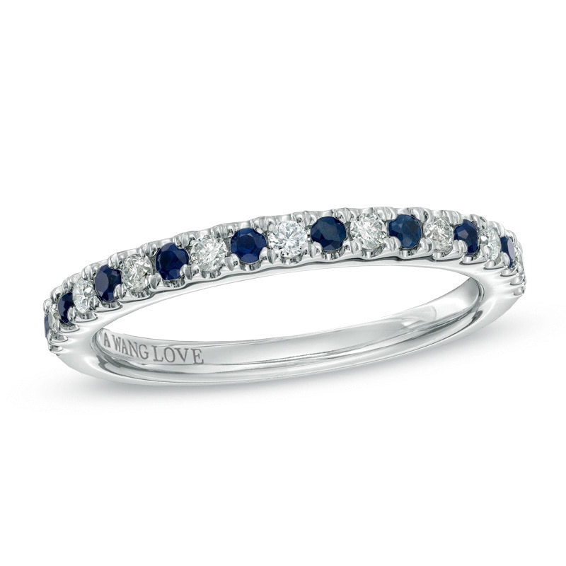 Main Image 1 of Previously Owned - Vera Wang Love Collection 1/8 CT. T.W. Diamond and Blue Sapphire Wedding Band in 14K White Gold