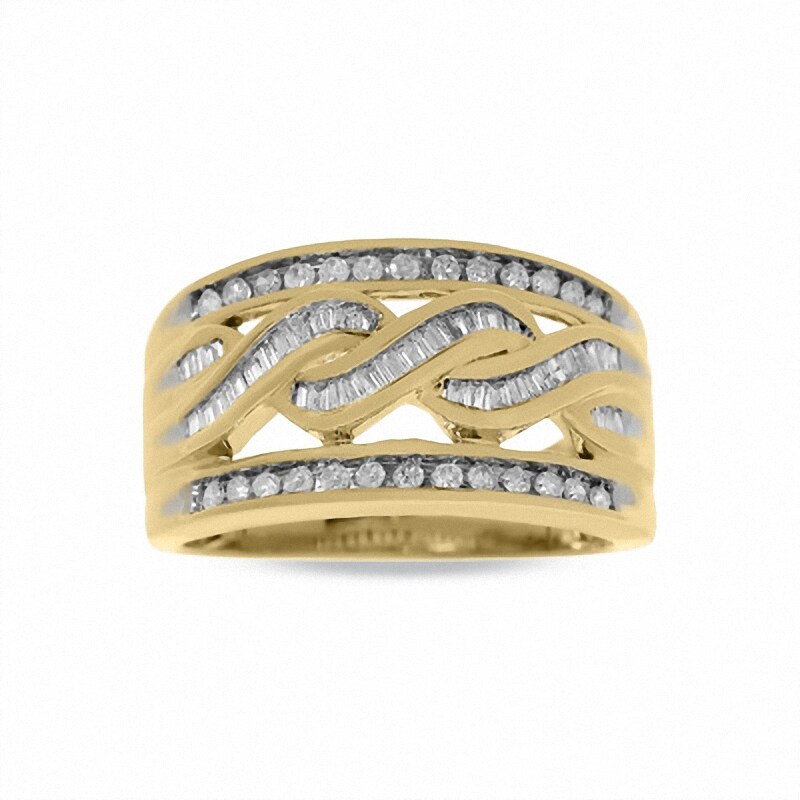Main Image 1 of Previously Owned - 1/2 CT. T.W. Round and Baguette Diamond Swirl Band in 10K Gold