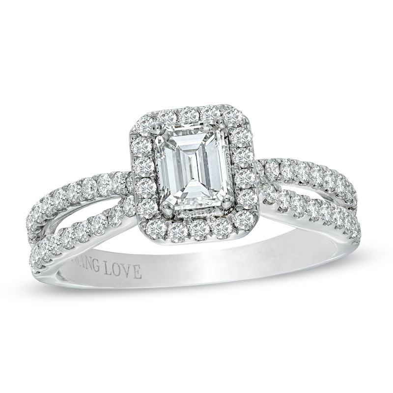 Main Image 1 of Previously Owned - Vera Wang Love Collection 1 CT. T.W. Emerald-Cut Diamond Split Shank Ring in 14K White Gold