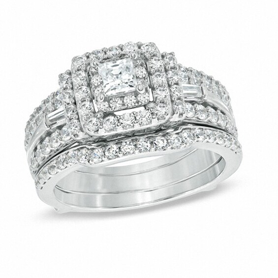 Previously Owned - 1-1/2 CT. T.w. Princess-Cut Diamond Double Frame Bridal Set in 14K White Gold