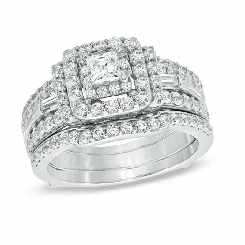 Main Image 1 of Previously Owned - 1-1/2 CT. T.W. Princess-Cut Diamond Double Frame Bridal Set in 14K White Gold