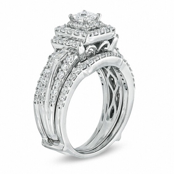Previously Owned - 1-1/2 CT. T.w. Princess-Cut Diamond Double Frame Bridal Set in 14K White Gold