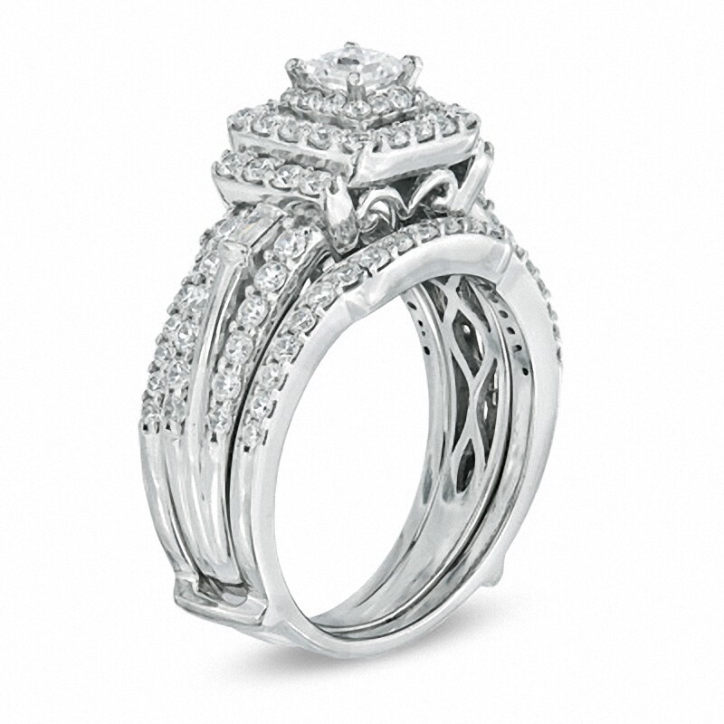 Main Image 2 of Previously Owned - 1-1/2 CT. T.W. Princess-Cut Diamond Double Frame Bridal Set in 14K White Gold