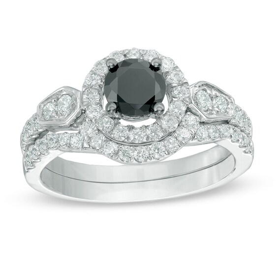 Previously Owned - 1-1/4 CT. T.w. Enhanced Black and White Diamond Frame Bridal Set in 10K White Gold
