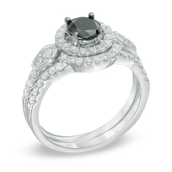 Previously Owned - 1-1/4 CT. T.w. Enhanced Black and White Diamond Frame Bridal Set in 10K White Gold