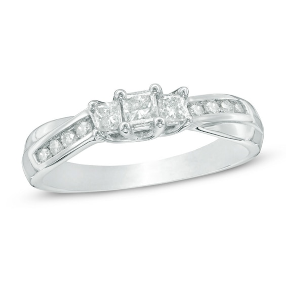Previously Owned - 1/2 CT. T.w. Princess-Cut Diamond Past Present Future® Engagement Ring in 10K White Gold