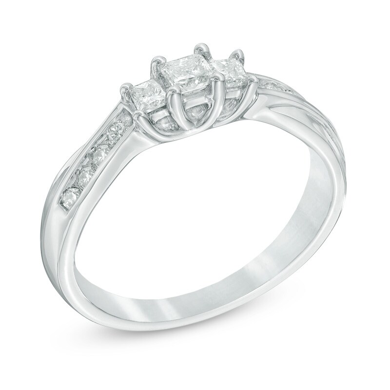 Main Image 2 of Previously Owned - 1/2 CT. T.W. Princess-Cut Diamond Past Present Future® Engagement Ring in 10K White Gold
