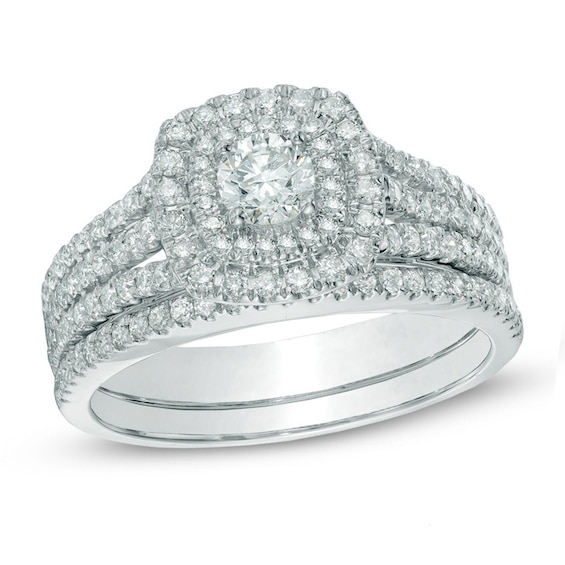 Previously Owned - 1 CT. T.w. Diamond Double Frame Bridal Set in 14K White Gold (I/I2)