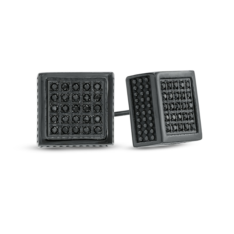 Main Image 1 of Previously Owned - 1/3 CT. T.W. Black Diamond Square Earrings in Black IP Stainless Steel