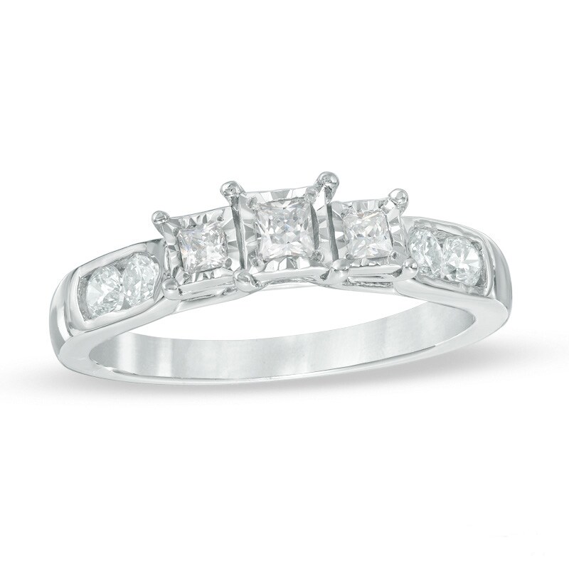 Main Image 1 of Previously Owned - 1/2 CT. T.W. Princess-Cut Diamond Past Present Future® Engagement Ring in 10K White Gold