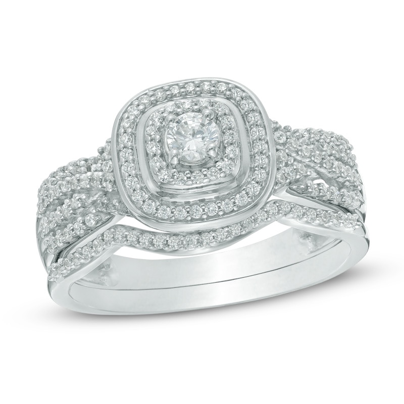 Main Image 1 of Previously Owned 1/2 CT. T.W. Diamond Cushion Frame Twist Shank Soldered Bridal Set In 10K White Gold