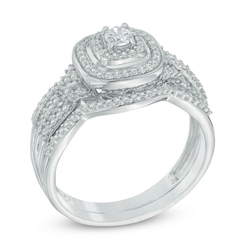 Main Image 2 of Previously Owned 1/2 CT. T.W. Diamond Cushion Frame Twist Shank Soldered Bridal Set In 10K White Gold