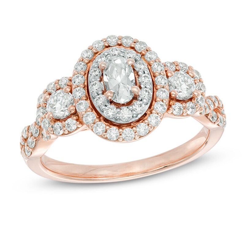 Main Image 1 of Previously Owned - 1 CT. T.W. Oval Diamond Frame Past Present Future® Engagement Ring in 14K Rose Gold