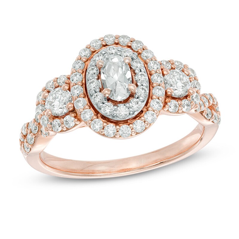 Previously Owned - 1 CT. T.W. Oval Diamond Frame Past Present Future® Engagement Ring in 14K Rose Gold