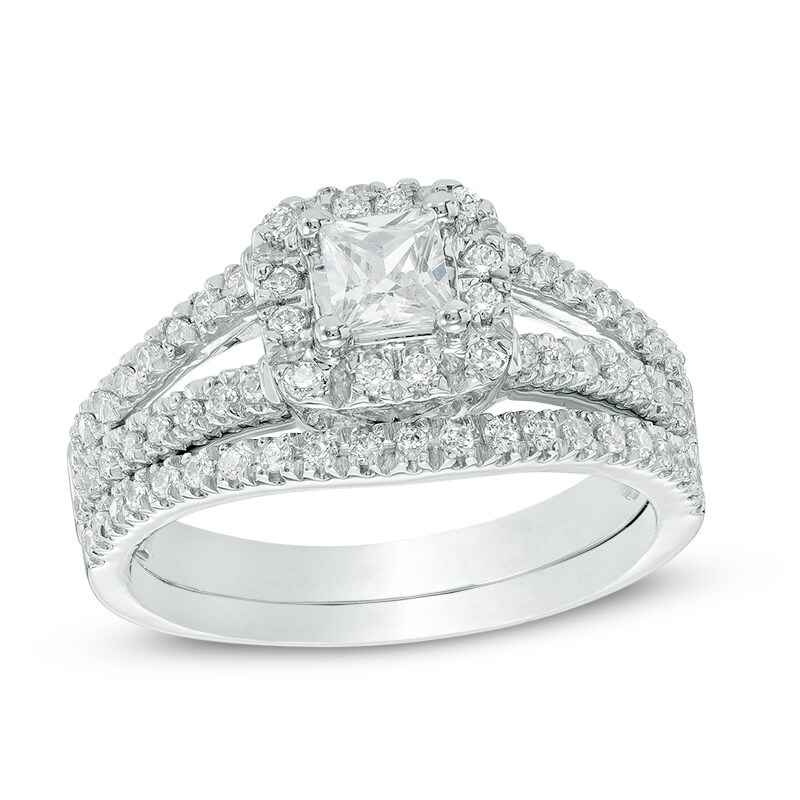 Main Image 1 of Previously Owned - 3/4 CT. T.W. Princess-Cut Diamond Cushion Frame Split Shank Bridal Set in 10K White Gold