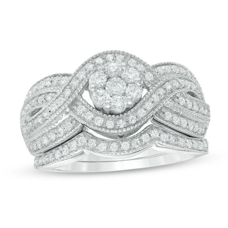 Main Image 1 of Previously Owned - 3/4 CT. T.W. Diamond Composite Crossover Bridal Set in 10K White Gold