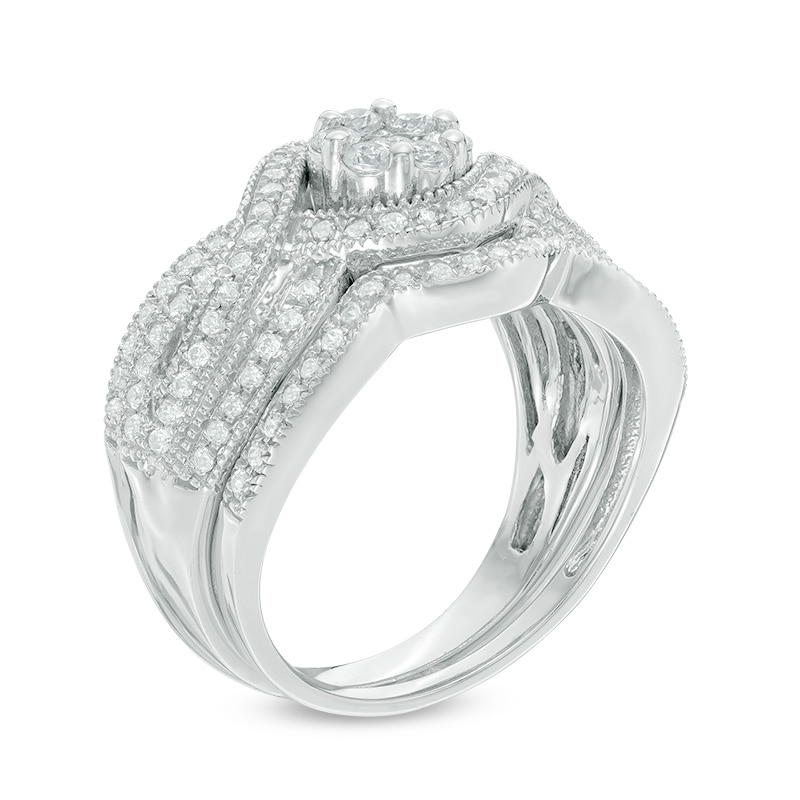 Main Image 2 of Previously Owned - 3/4 CT. T.W. Diamond Composite Crossover Bridal Set in 10K White Gold