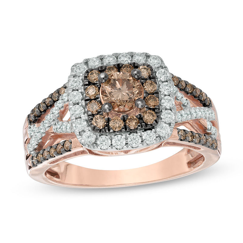 Main Image 1 of Previously Owned - 1 CT. T.W. Champagne and White Diamond Double Square Frame Crossover Ring in 10K Rose Gold