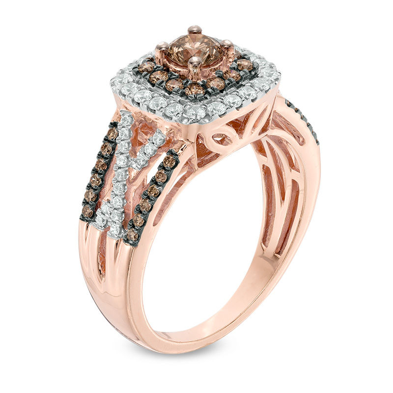 Main Image 2 of Previously Owned - 1 CT. T.W. Champagne and White Diamond Double Square Frame Crossover Ring in 10K Rose Gold