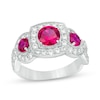 Thumbnail Image 1 of Previously Owned - Lab-Created Ruby and White Sapphire Vintage-Style Three Stone Ring in Sterling Silver