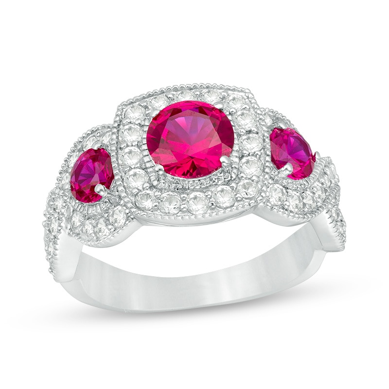 Main Image 1 of Previously Owned - Lab-Created Ruby and White Sapphire Vintage-Style Three Stone Ring in Sterling Silver