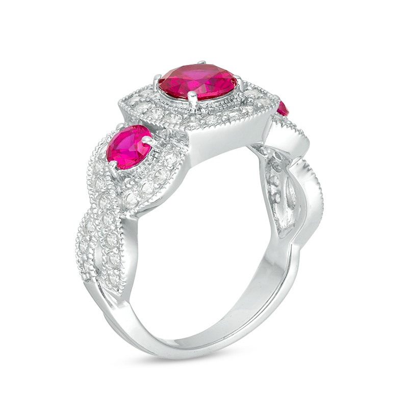 Main Image 2 of Previously Owned - Lab-Created Ruby and White Sapphire Vintage-Style Three Stone Ring in Sterling Silver