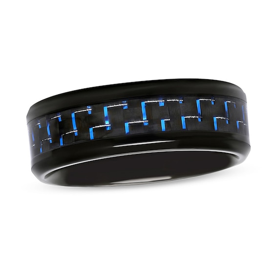 Previously Owned - 8.0mm Comfort-Fit Blue Carbon Fiber Inlay Wedding Band in Black IP Stainless Steel
