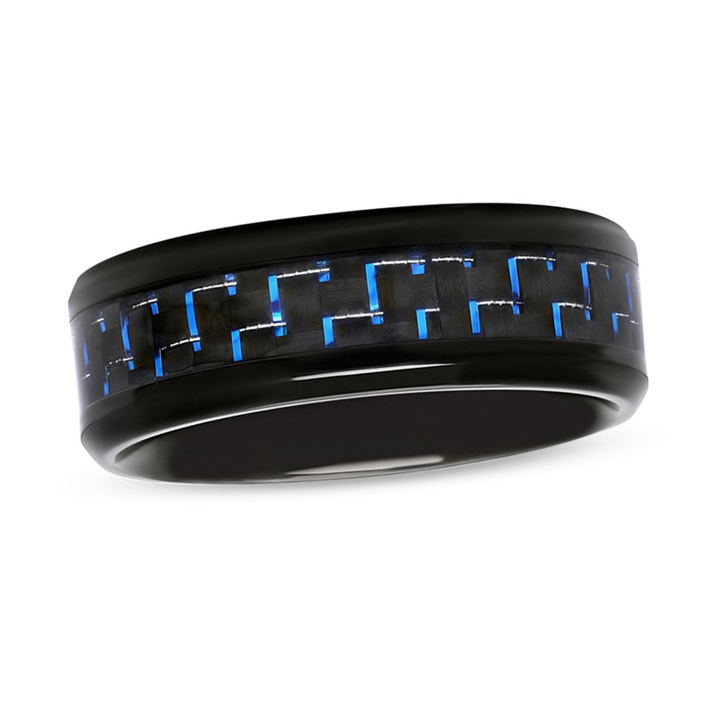 Main Image 1 of Previously Owned - 8.0mm Comfort-Fit Blue Carbon Fiber Inlay Wedding Band in Black IP Stainless Steel