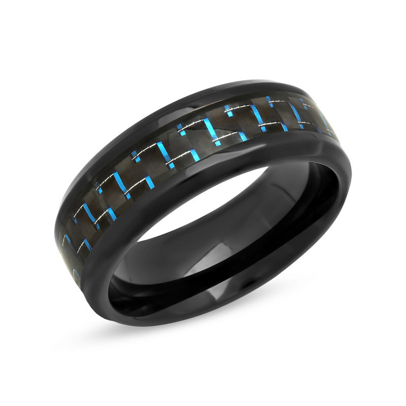 Main Image 2 of Previously Owned - 8.0mm Comfort-Fit Blue Carbon Fiber Inlay Wedding Band in Black IP Stainless Steel
